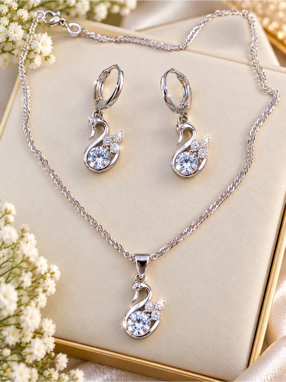 Stainless steel AAA CZ swan set  Necklace & Earrings Set - Silver